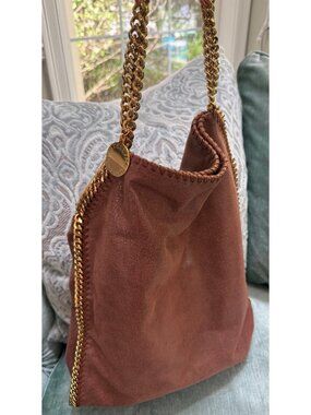 NEW NWOT STELLA MCCARTNEY FALABELLA BROWN FAUX SUEDE GOLD CHAIN TOTE HAND BAG